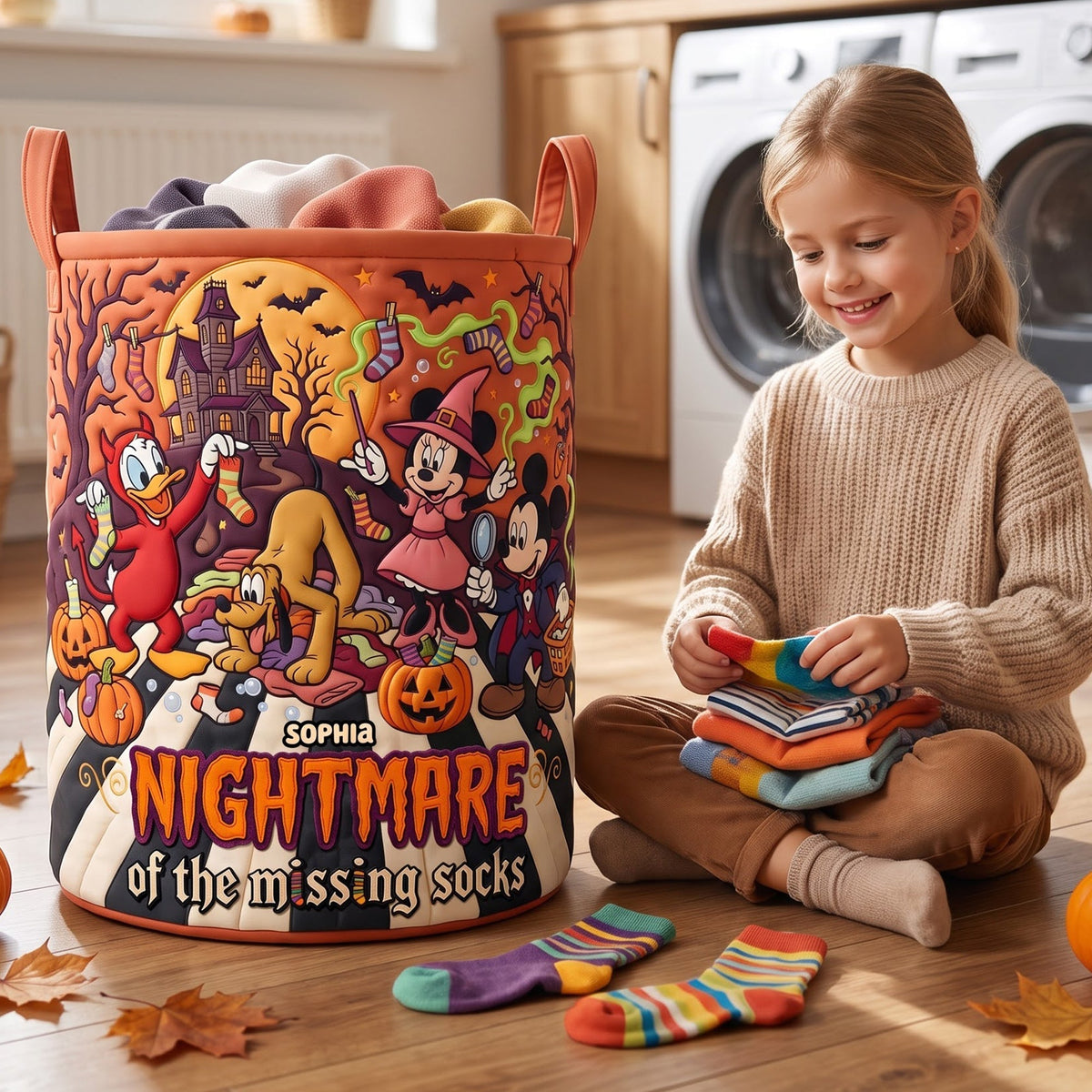 MkMo Nightmare Of The Missing Socks - Personalized Quilted Laundry Basket - Halloween Gift For Laundry Lovers