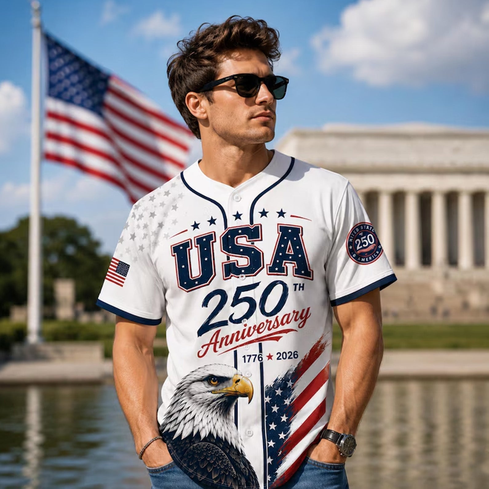 USA 250th Anniversary Bald Eagle Freedom - Personalized Baseball Jersey - Gift For Him