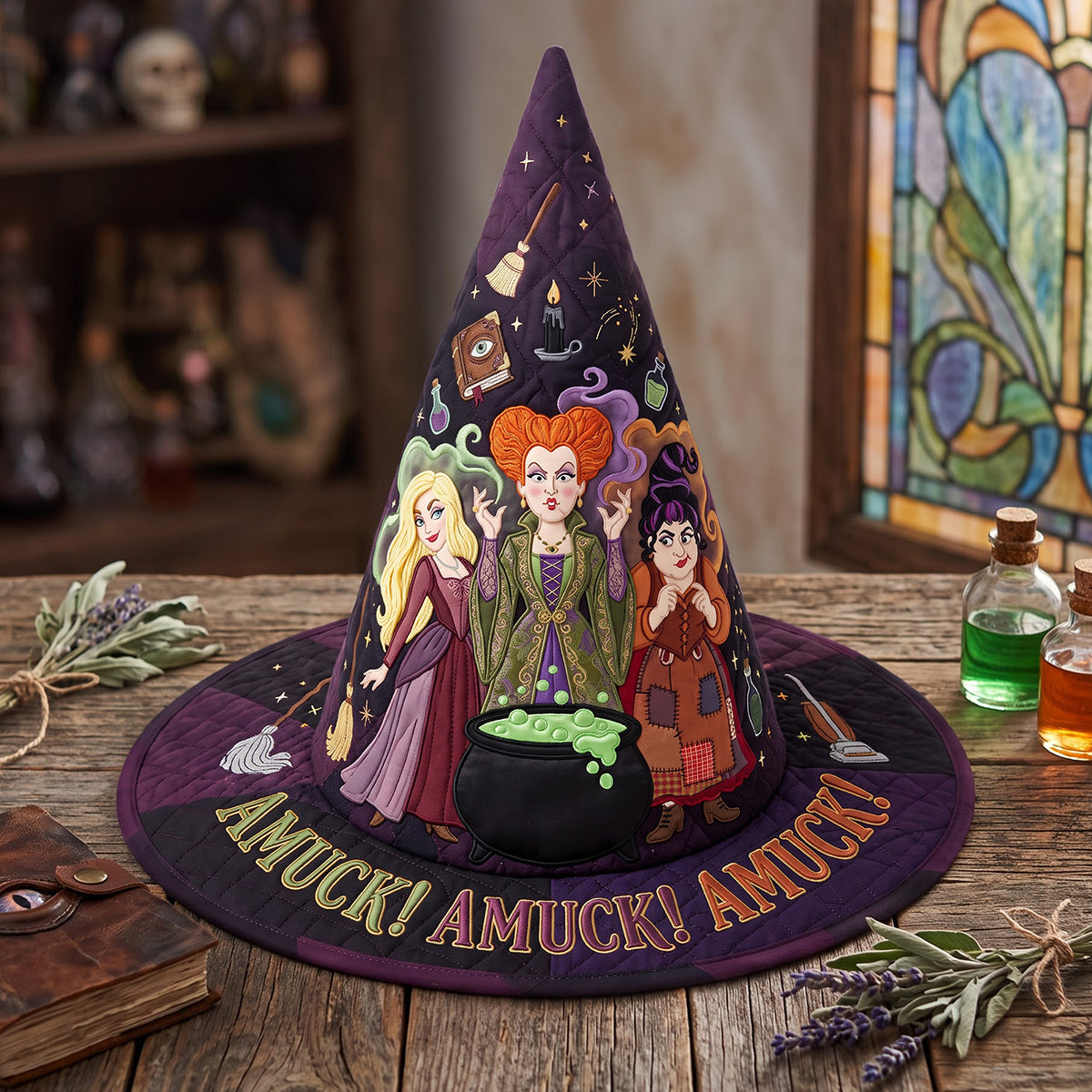 VD01. Witch Trio Amuck Halloween Gift For Witch Lovers - Personalized Quilt Witch Hat