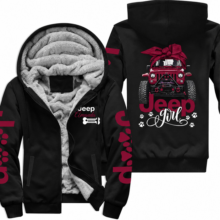 Personalized Burgundy Fleece Zip-Up Hoodie: Girl, Dog, and Jeep-DN0610260928
