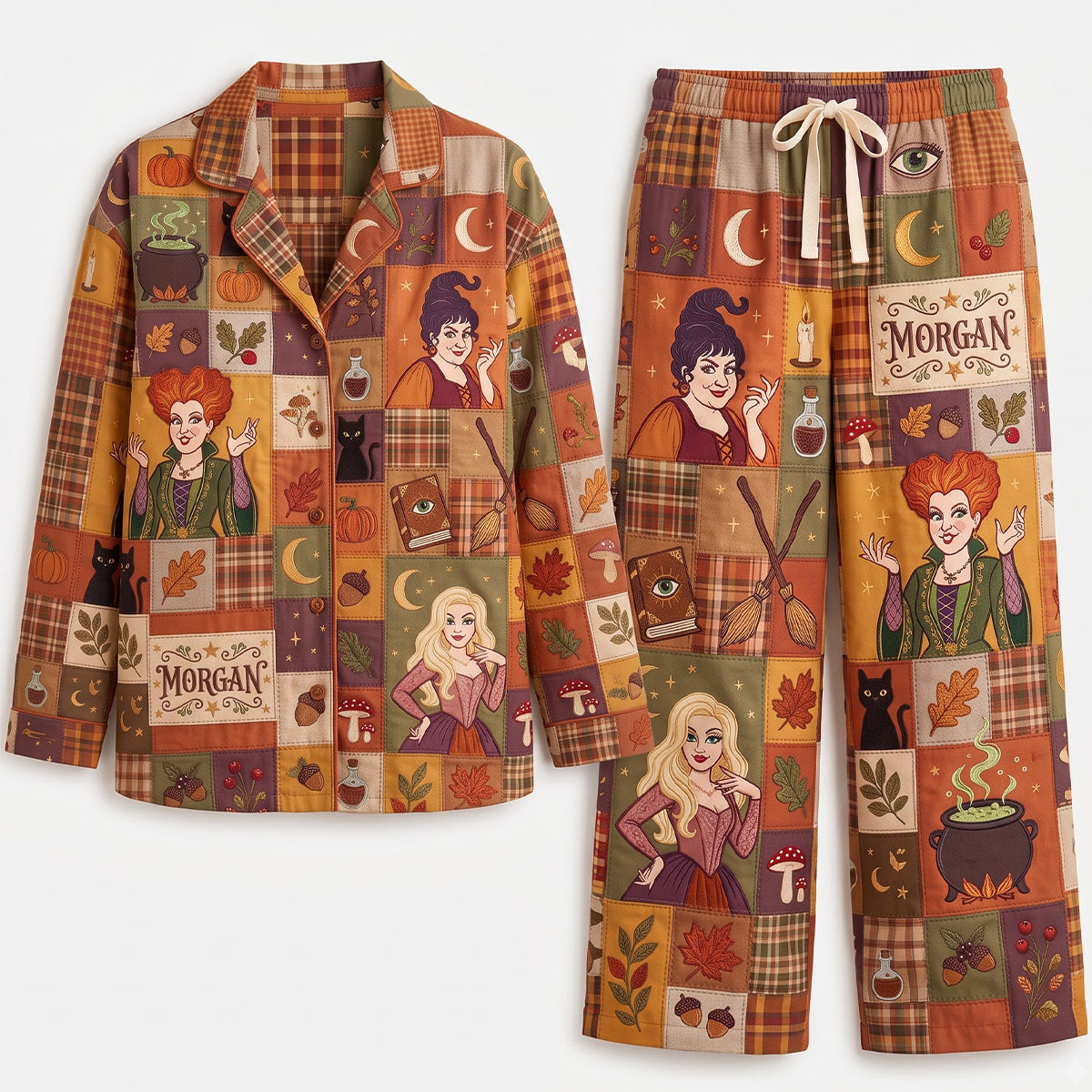 Three Witches Patchwork Style Custom Name Halloween Gift - Personalized Pajama For Adult, Kid HH01
