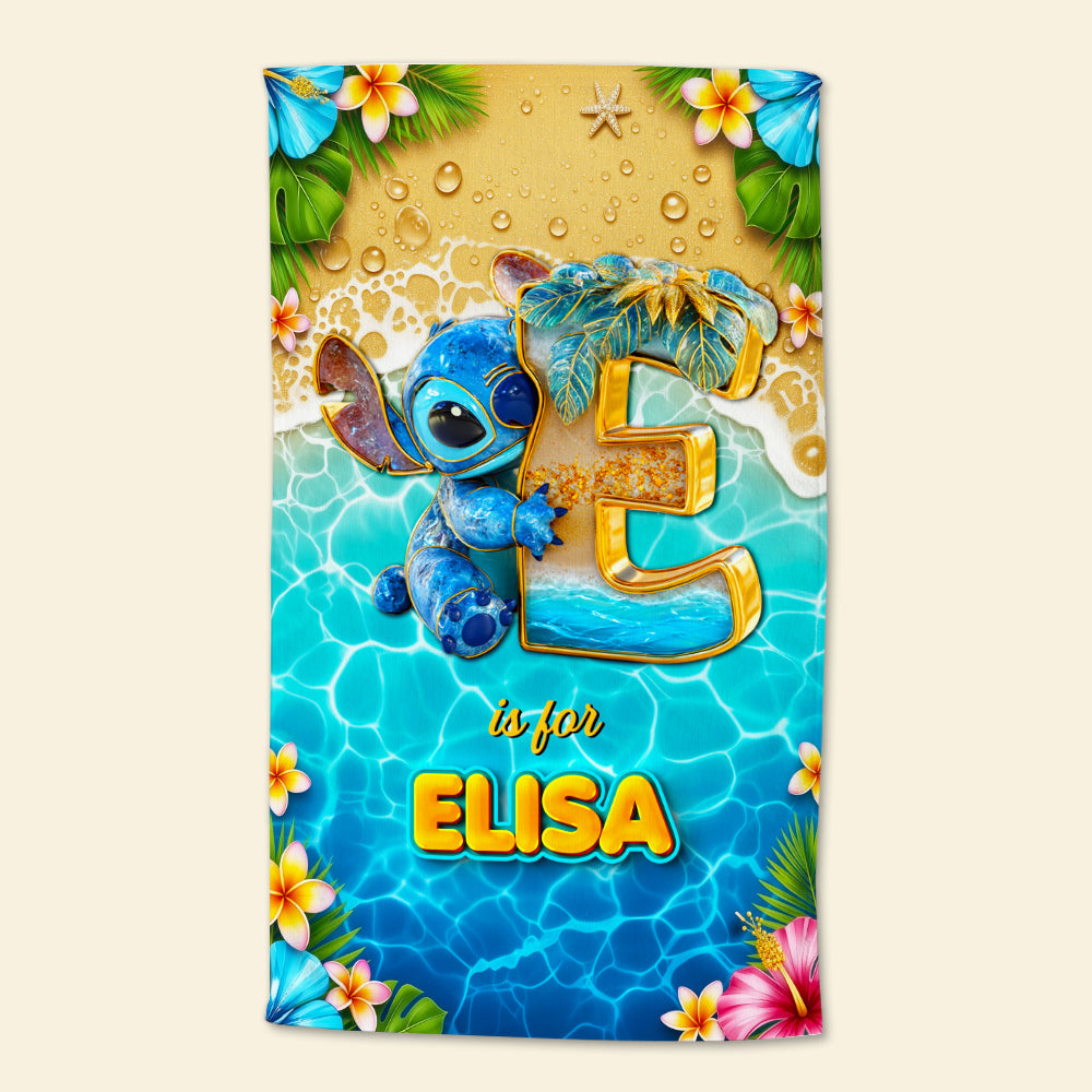Tropical Beach Vacation With Cute Blue Alien - Personalized Beach Towel - Vacation Gift For Movie Fans - Sti BA01