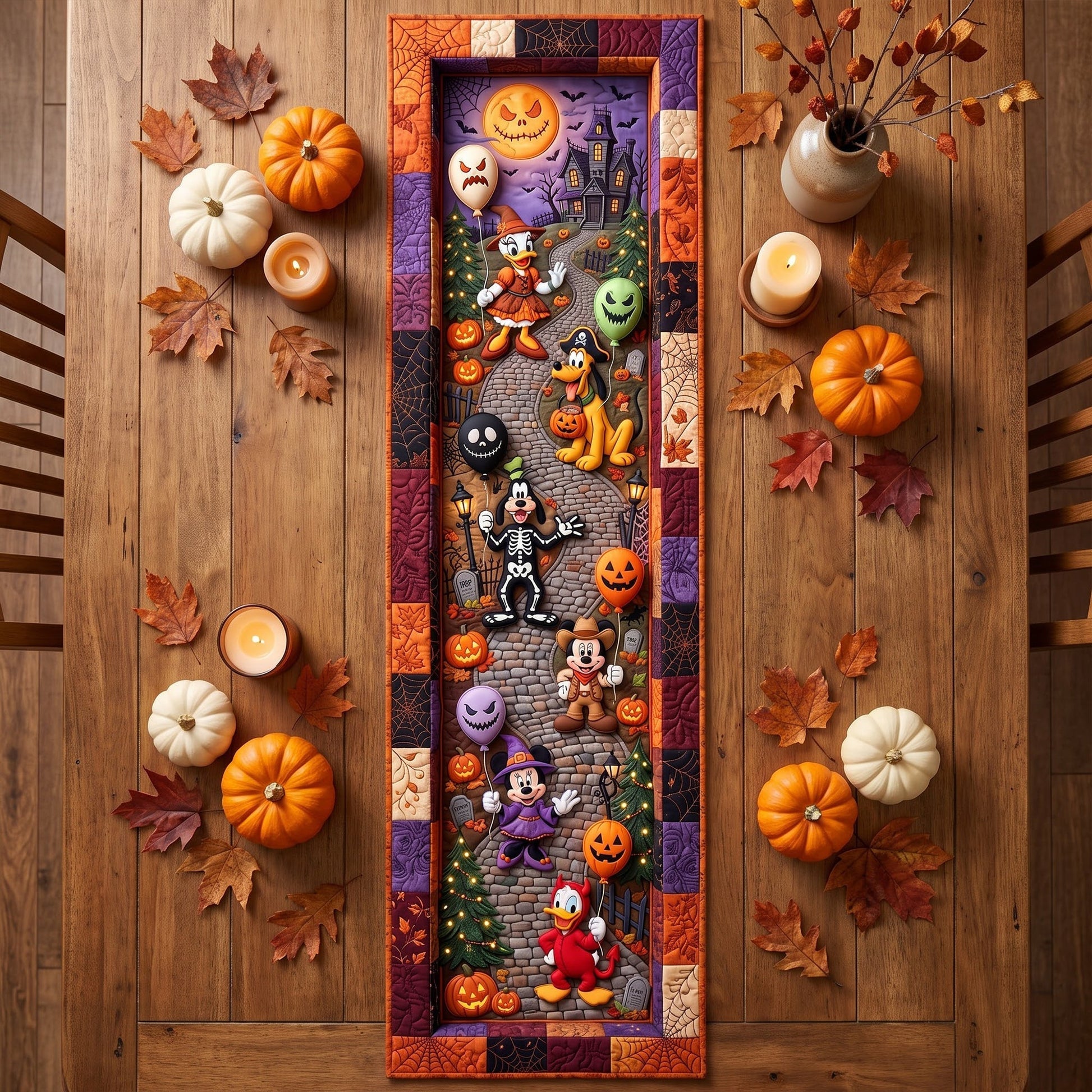 Haunted Village - Personalized Quilted Table Runner - Halloween Gift For Family