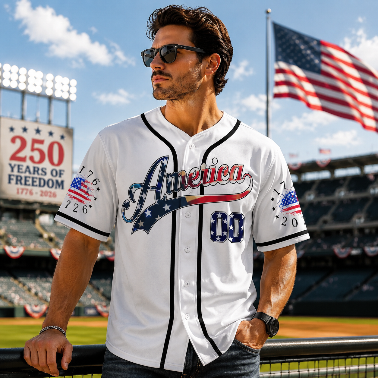 America 250 Years of Freedom Red White Blue Flag And Flowers - Personalized Baseball Jersey - Gift For Patriots - image 2
