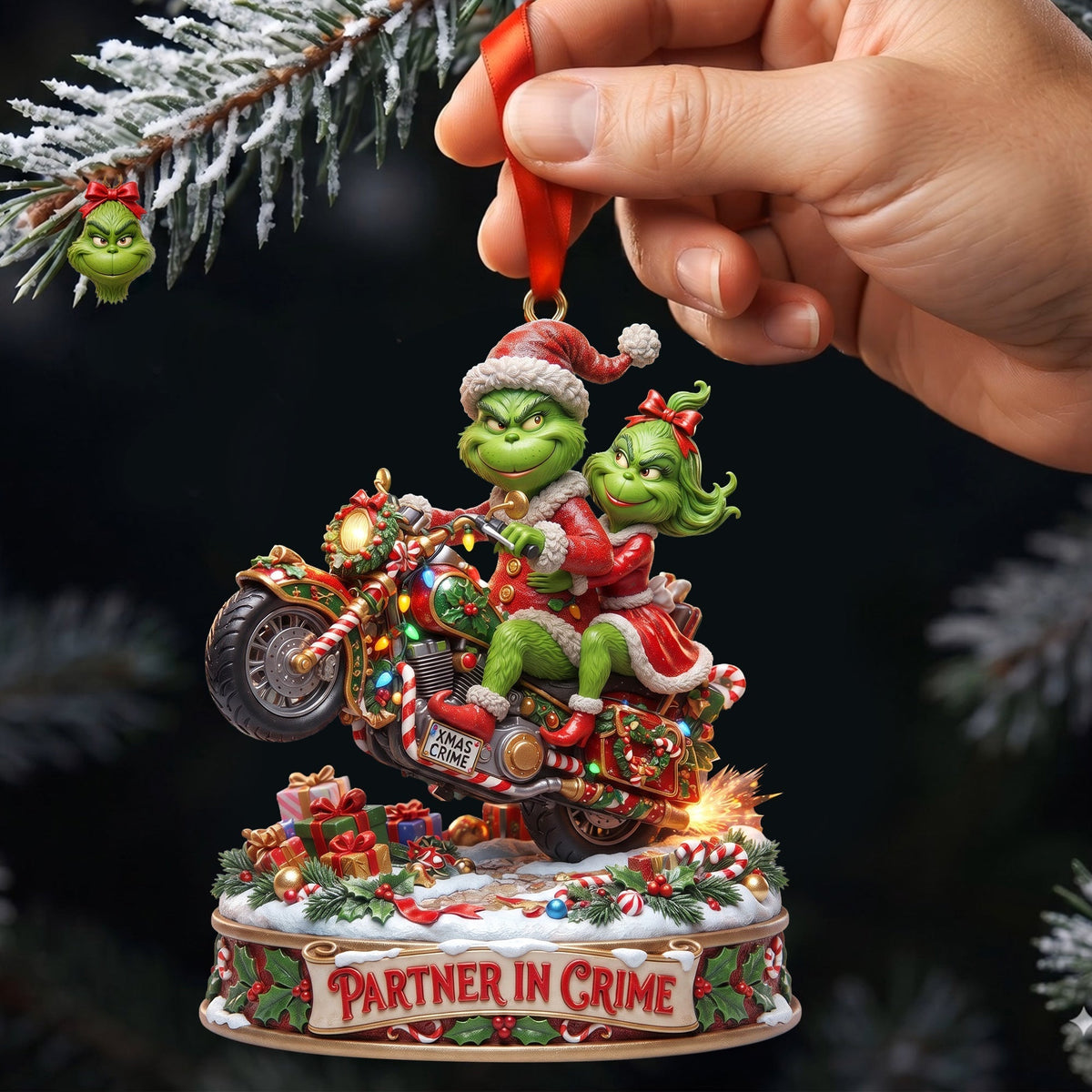 “Partners in Crime: Celebrate Love on Two Wheels” - Monster Riding Couple Ornament, Personalized Gift for Couples Ornament PopCulturePrints