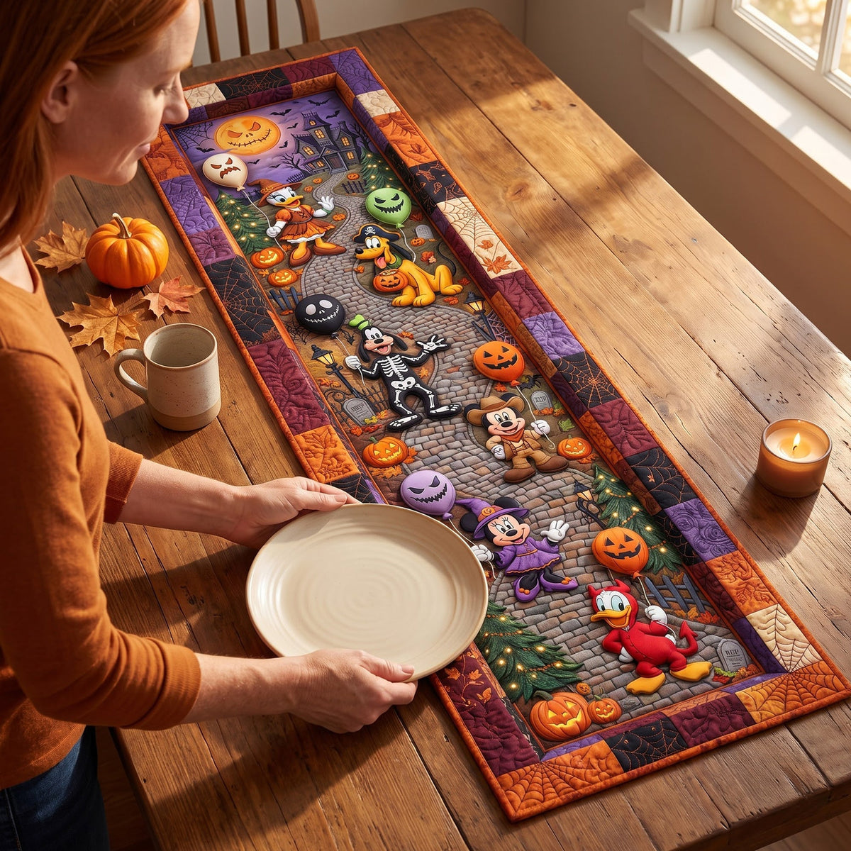 Haunted Village - Personalized Quilted Table Runner - Halloween Gift For Family