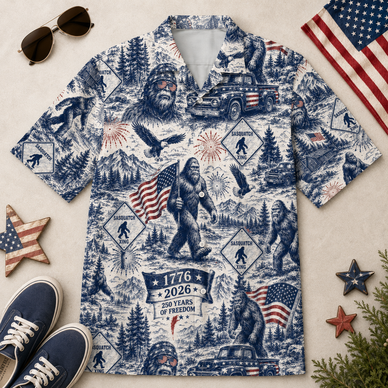 Sasquatch 250 Years Of Freedom American Flag - Hawaiian Shirt - Gift for Patriots - image 2