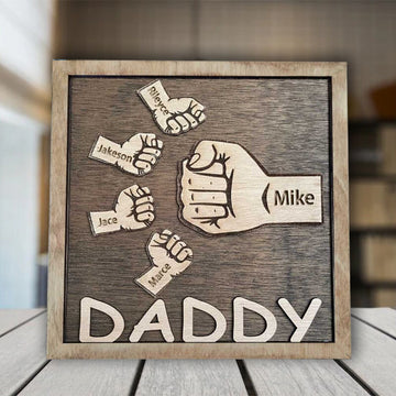 litzzy Personalized Name Puzzle Frame with Fist Bump Pattern for Super Dad-Layer Wooden Signs - Fist Bump Sign Unique Gift for Dad, Grandpa Custom Wooden Sign   