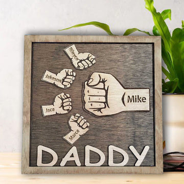 litzzy Personalized Name Puzzle Frame with Fist Bump Pattern for Super Dad-Layer Wooden Signs - Fist Bump Sign Unique Gift for Dad, Grandpa Custom Wooden Sign 8x8 Inches  
