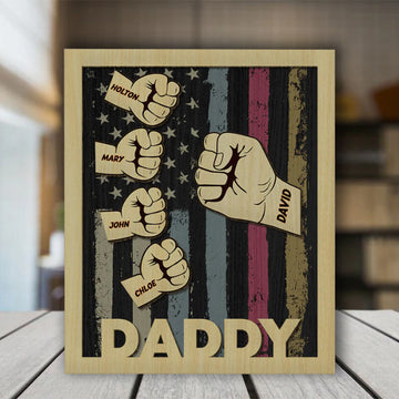 litzzy Personalized Name Puzzle Frame Fist Bump with Stars and Stripes Engraving for Dear Dad, Father's Day Gift Custom Wooden Sign   