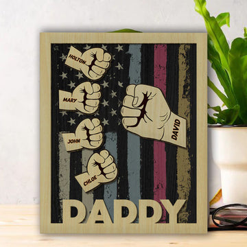 litzzy Personalized Name Puzzle Frame Fist Bump with Stars and Stripes Engraving for Dear Dad, Father's Day Gift Custom Wooden Sign   