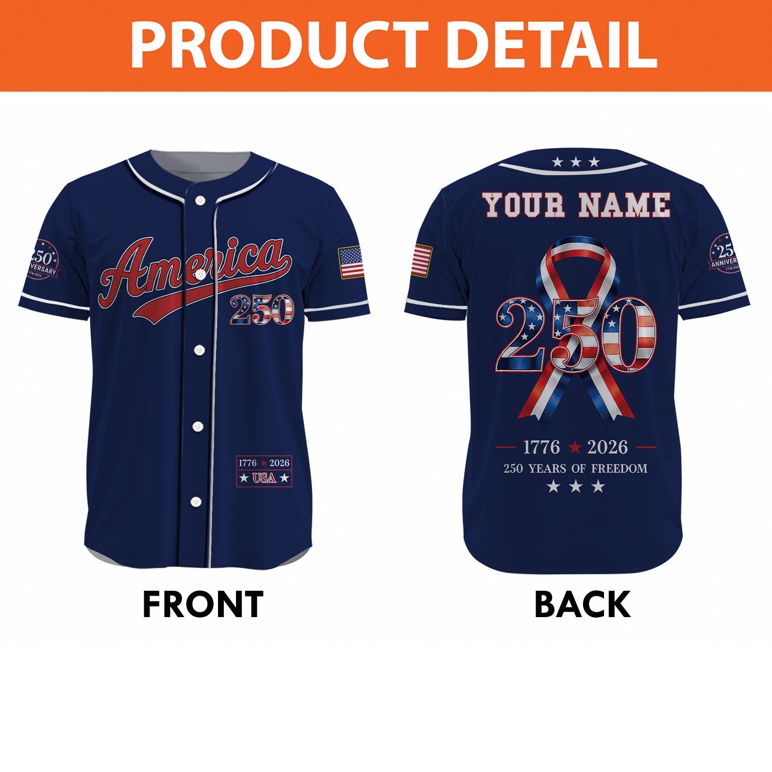USA 250th Anniversary Baseball Jersey, Personalized 250 Years Of Freedom Shirt, Patriotic 4th Of July Gift 685208 - image 3