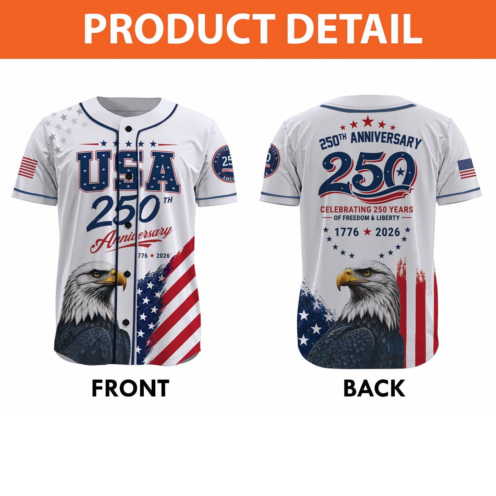 USA 250 Years Anniversary Baseball Jersey, Patriotic Eagle 1776–2026 Shirt, 4th of July America Jersey 685257 - image 4