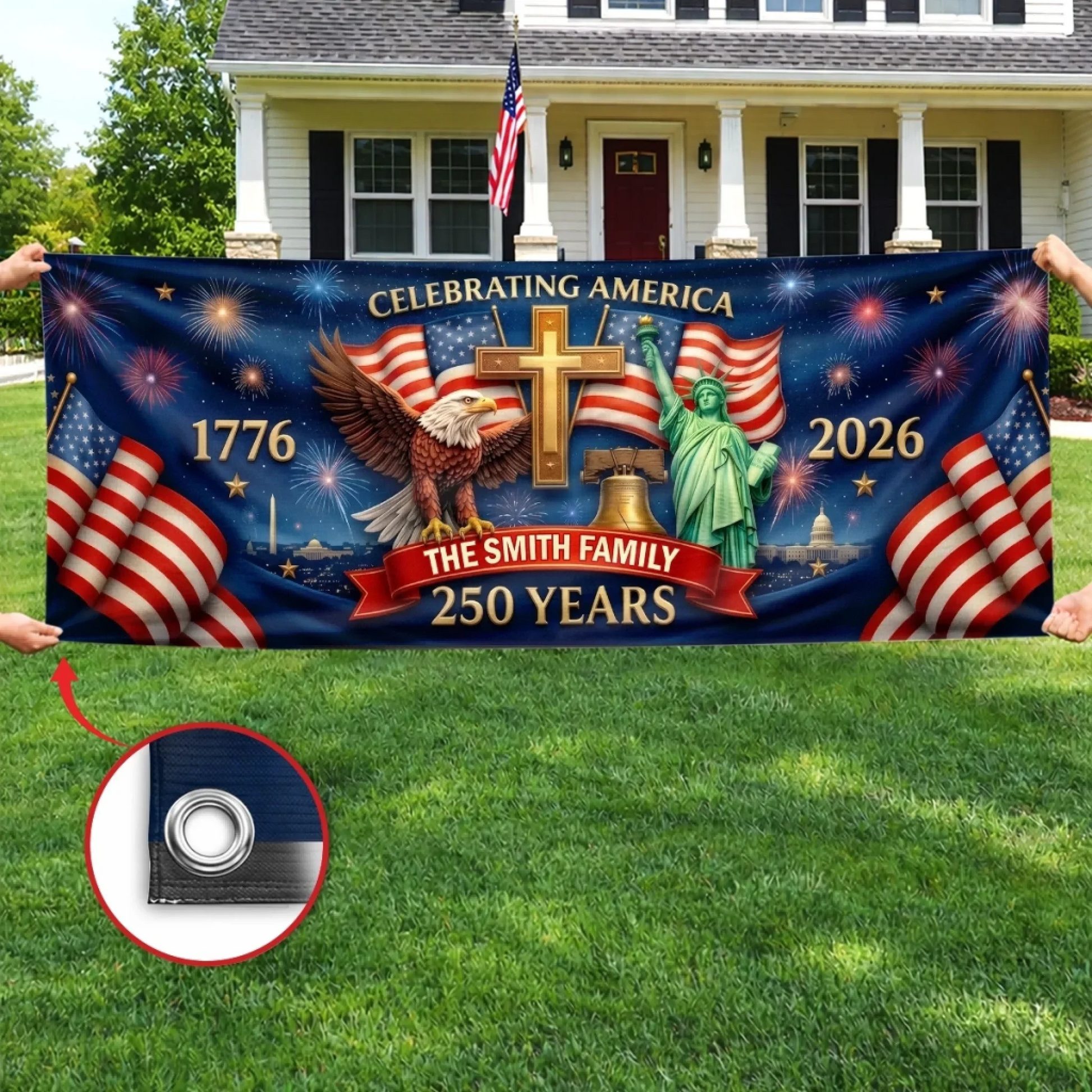 God Bless America Celebrating 250 Years Of Freedom - Personalized Outdoor Banner - Gift For Patriotic Family VD01 
