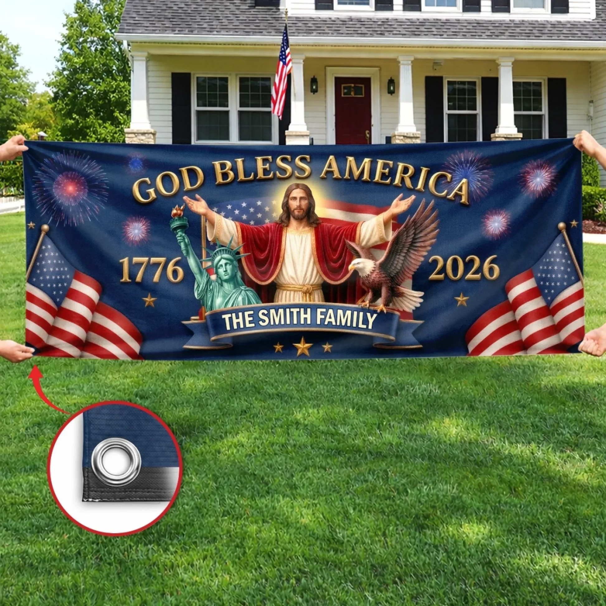 God Bless America 250th Anniversary - Personalized Outdoor Banner - Gift For Patriotic Family VD01 