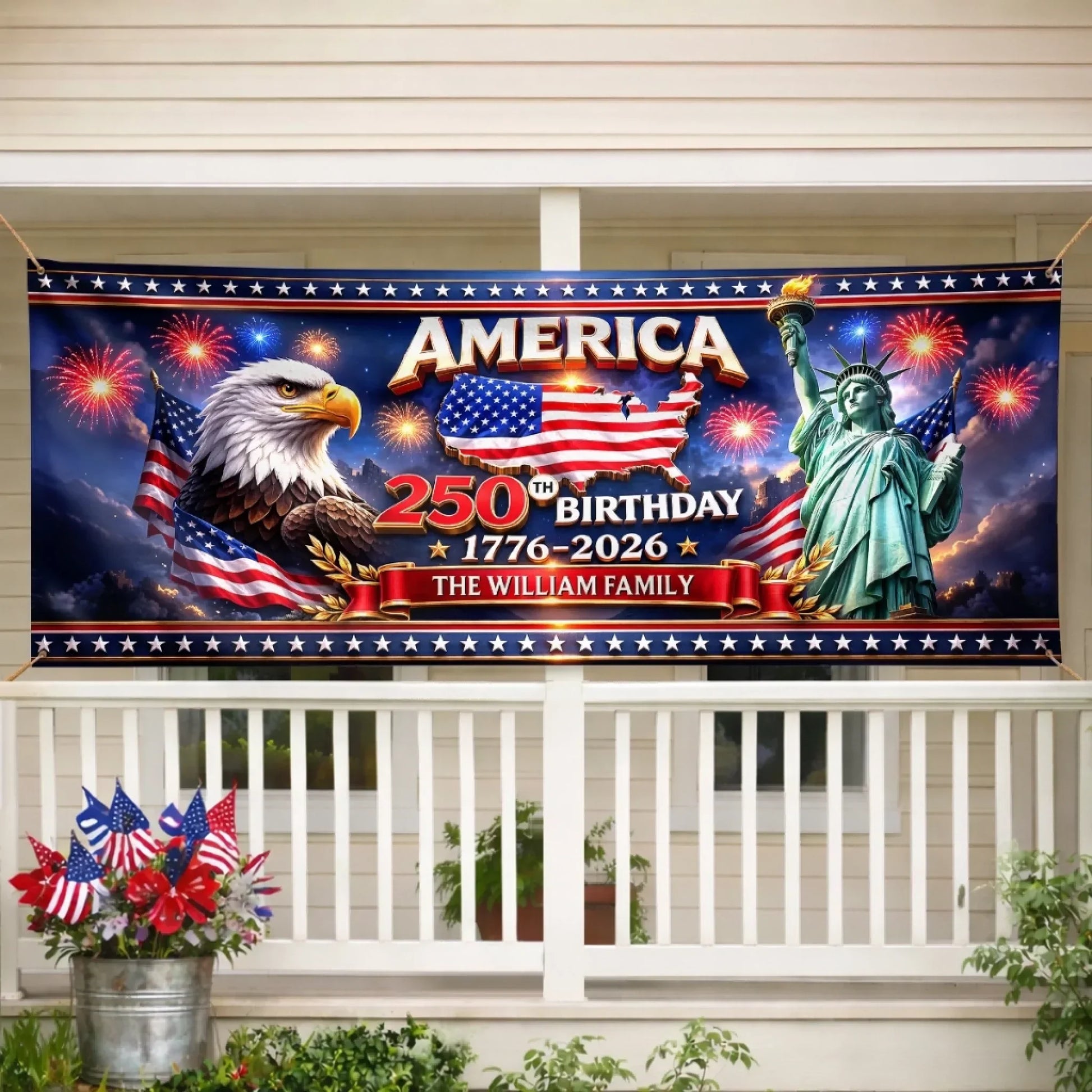 America 250th Birthday Liberty And Fireworks - Personalized Outdoor Banner - Gift For Patriotic Family VD01 