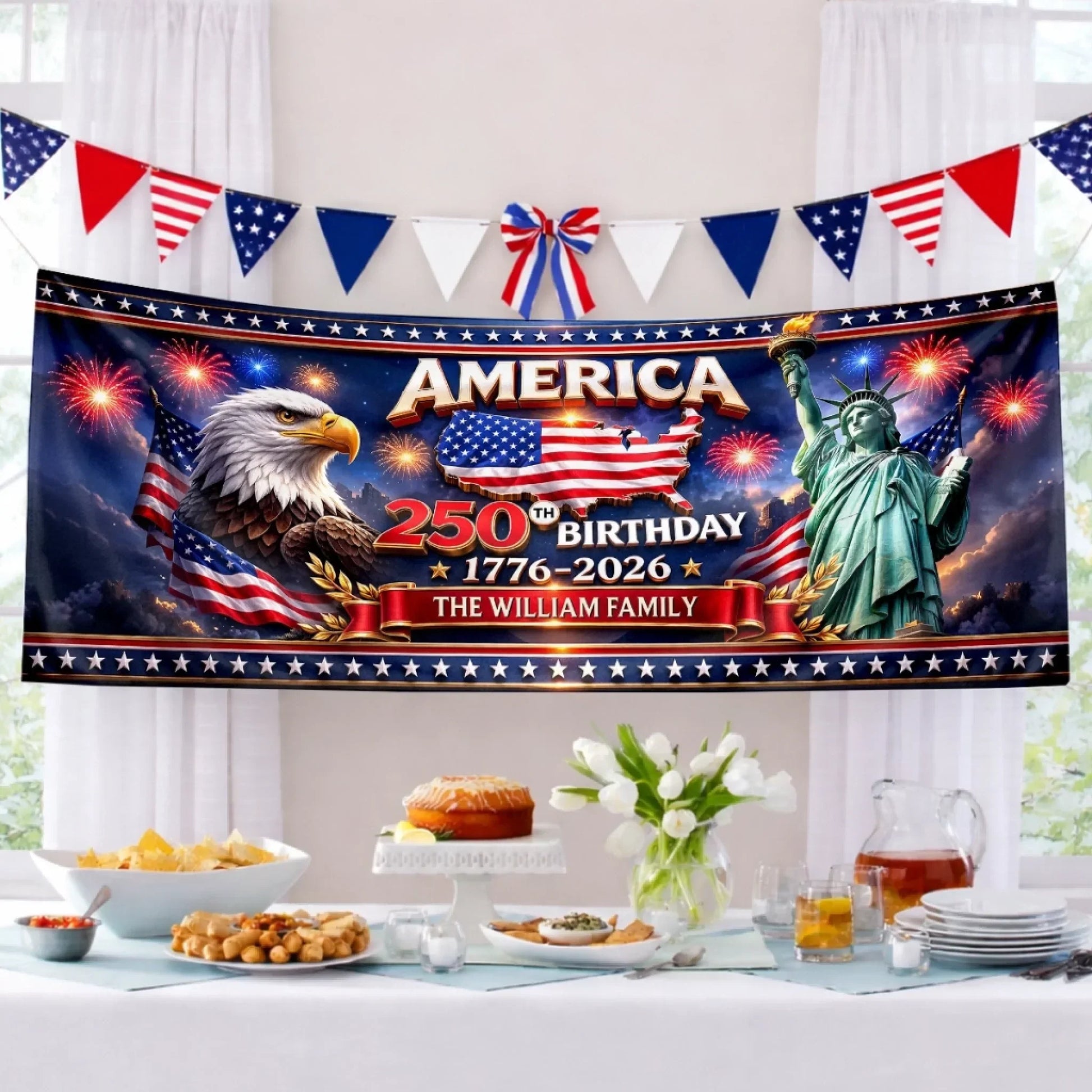 America 250th Birthday Liberty And Fireworks - Personalized Outdoor Banner - Gift For Patriotic Family VD01 