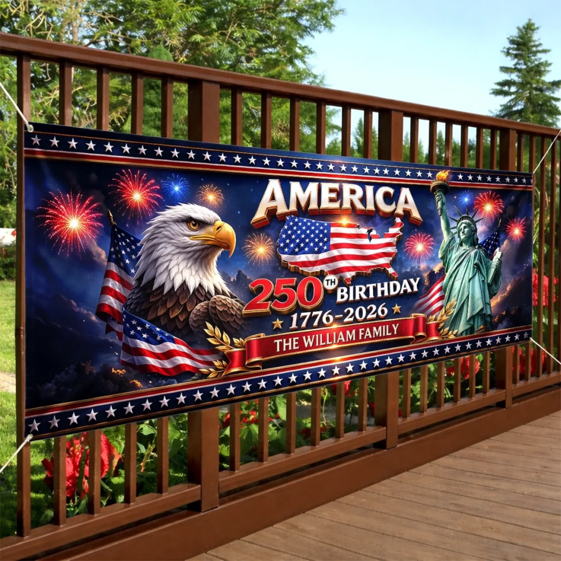 America 250th Birthday Liberty And Fireworks - Personalized Outdoor Banner - Gift For Patriotic Family VD01 