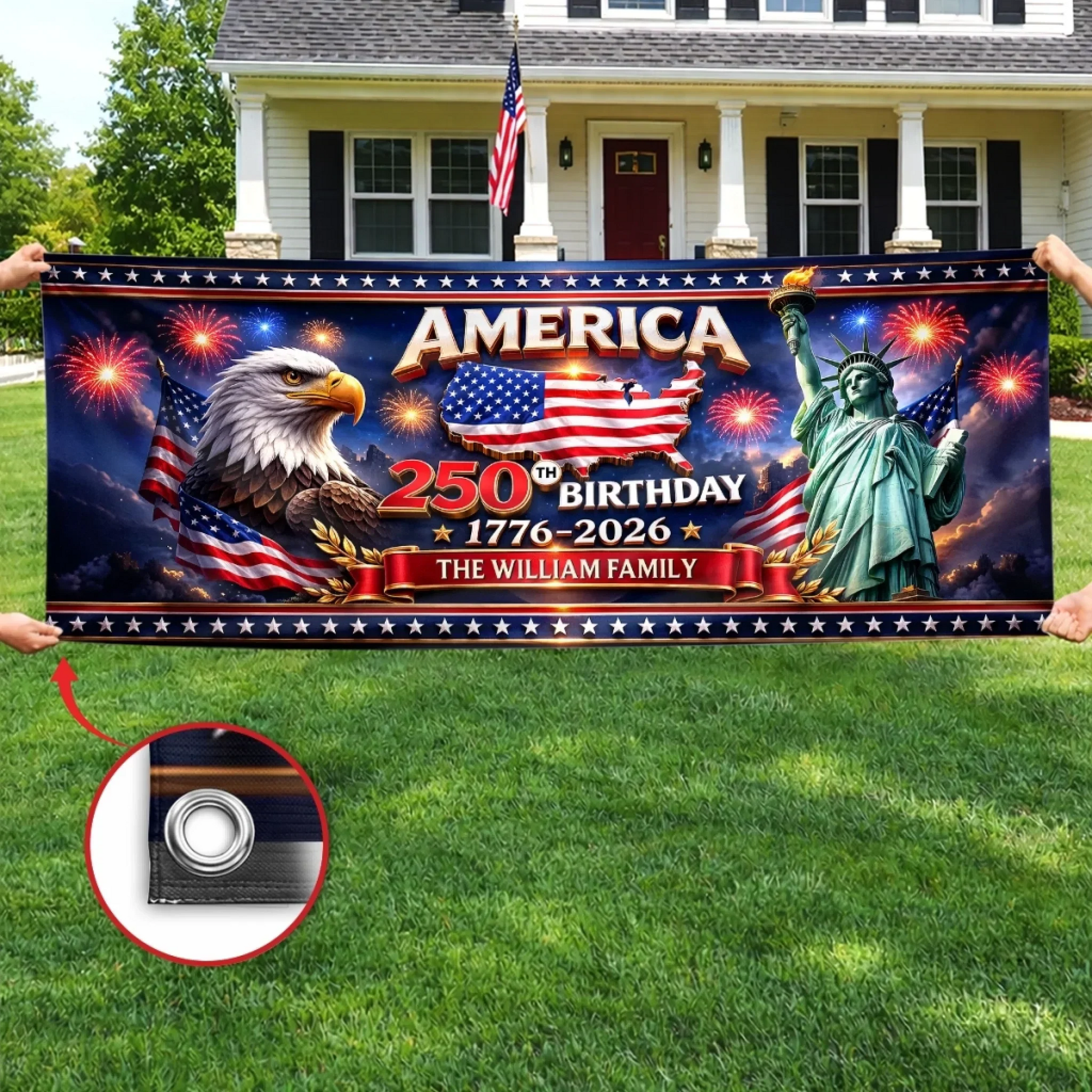 America 250th Birthday Liberty And Fireworks - Personalized Outdoor Banner - Gift For Patriotic Family VD01 