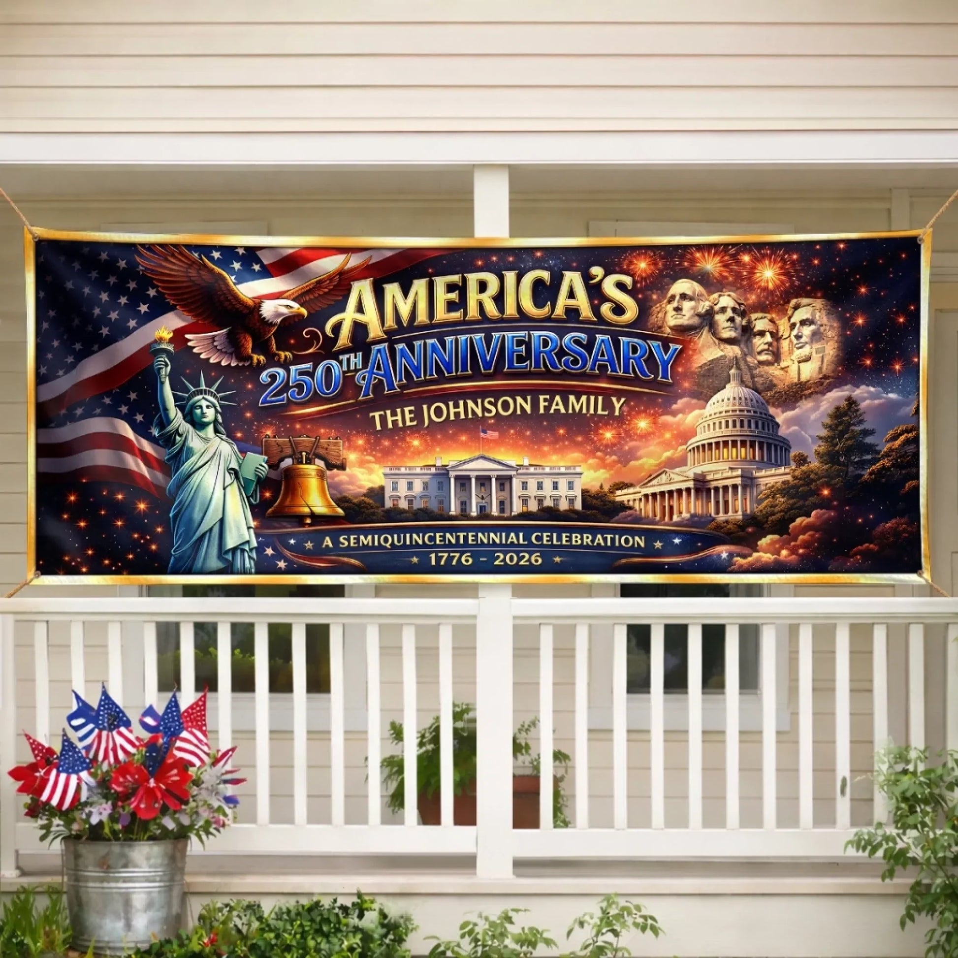 America's 250th Anniversary Liberty And Fireworks - Personalized Outdoor Banner - Gift For Patriotic Family VD01 