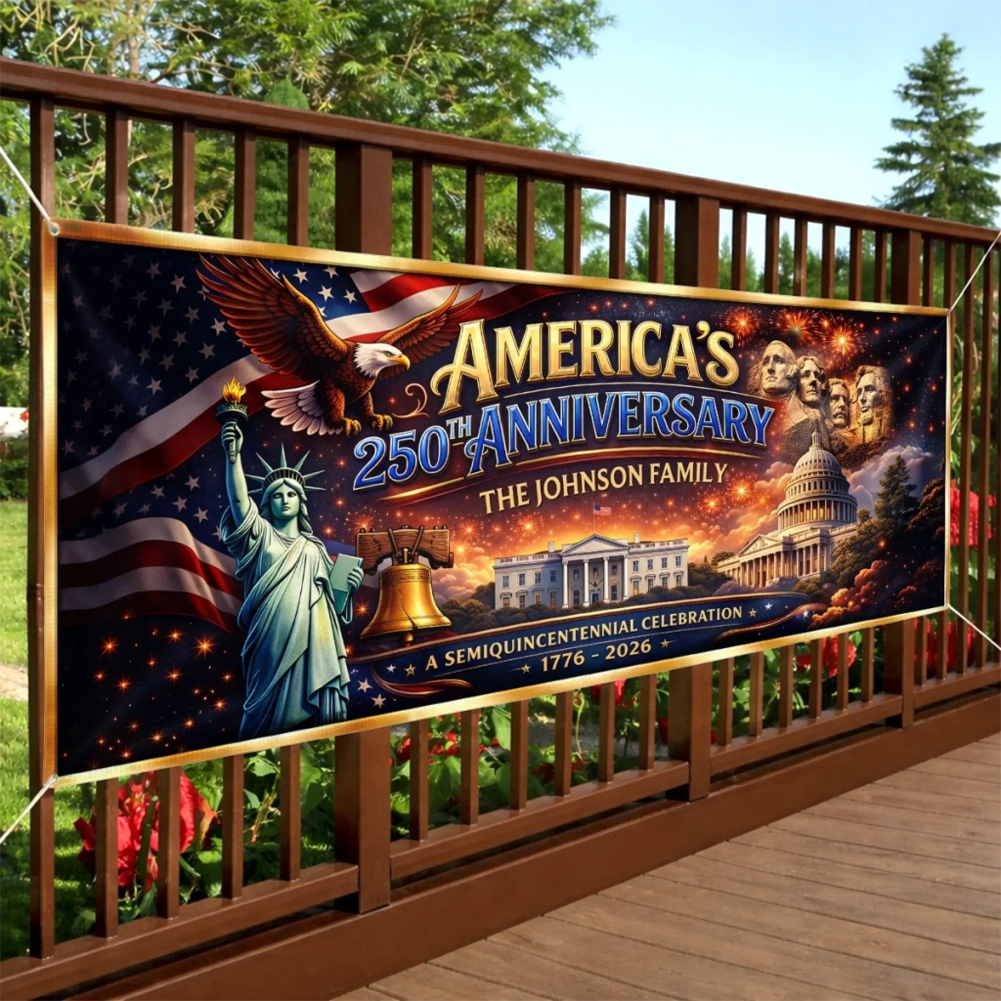 America's 250th Anniversary Liberty And Fireworks - Personalized Outdoor Banner - Gift For Patriotic Family VD01 
