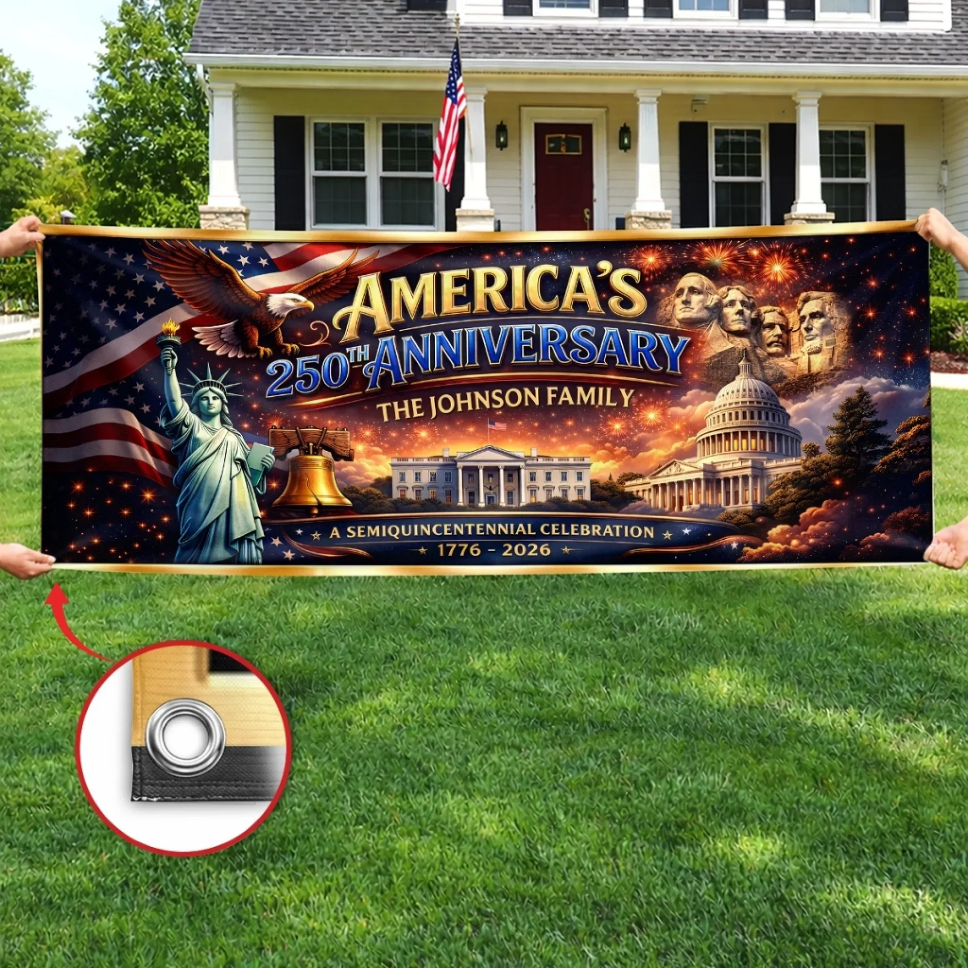 America's 250th Anniversary Liberty And Fireworks - Personalized Outdoor Banner - Gift For Patriotic Family VD01 