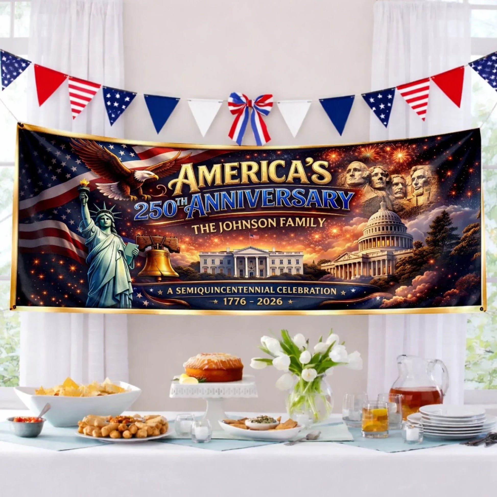 America's 250th Anniversary Liberty And Fireworks - Personalized Outdoor Banner - Gift For Patriotic Family VD01 