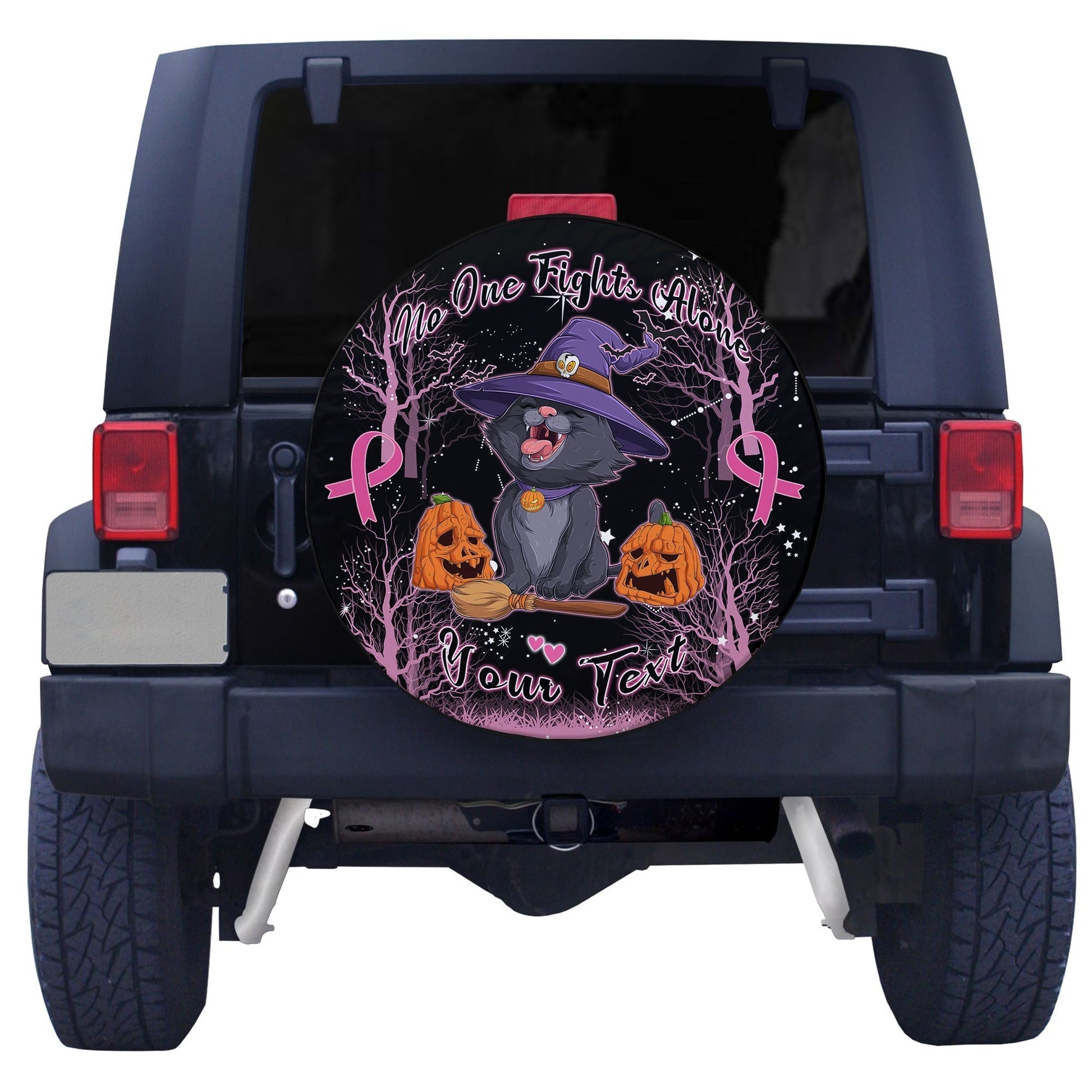custom-personalised-breast-cancer-spare-tire-cover-no-one-fights-alone-cat-halloween-in-dark-forest