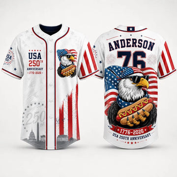 USA 250th Anniversary Patriotic Eagle Holding Hot Dog - Personalized Baseball Jersey - Gift For Patriots