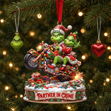“Partners in Crime: Celebrate Love on Two Wheels” - Monster Riding Couple Ornament, Personalized Gift for Couples Ornament PopCulturePrints