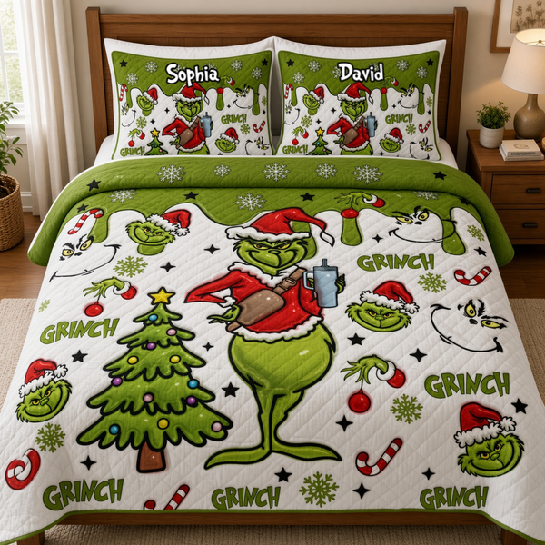 Grch Green Monster Merry Grinchmas Custom Name Christmas Gift - Personalized Quilted Bedding Set HH01