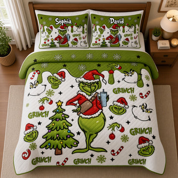 Grch Green Monster Merry Grinchmas Custom Name Christmas Gift - Personalized Quilted Bedding Set HH01