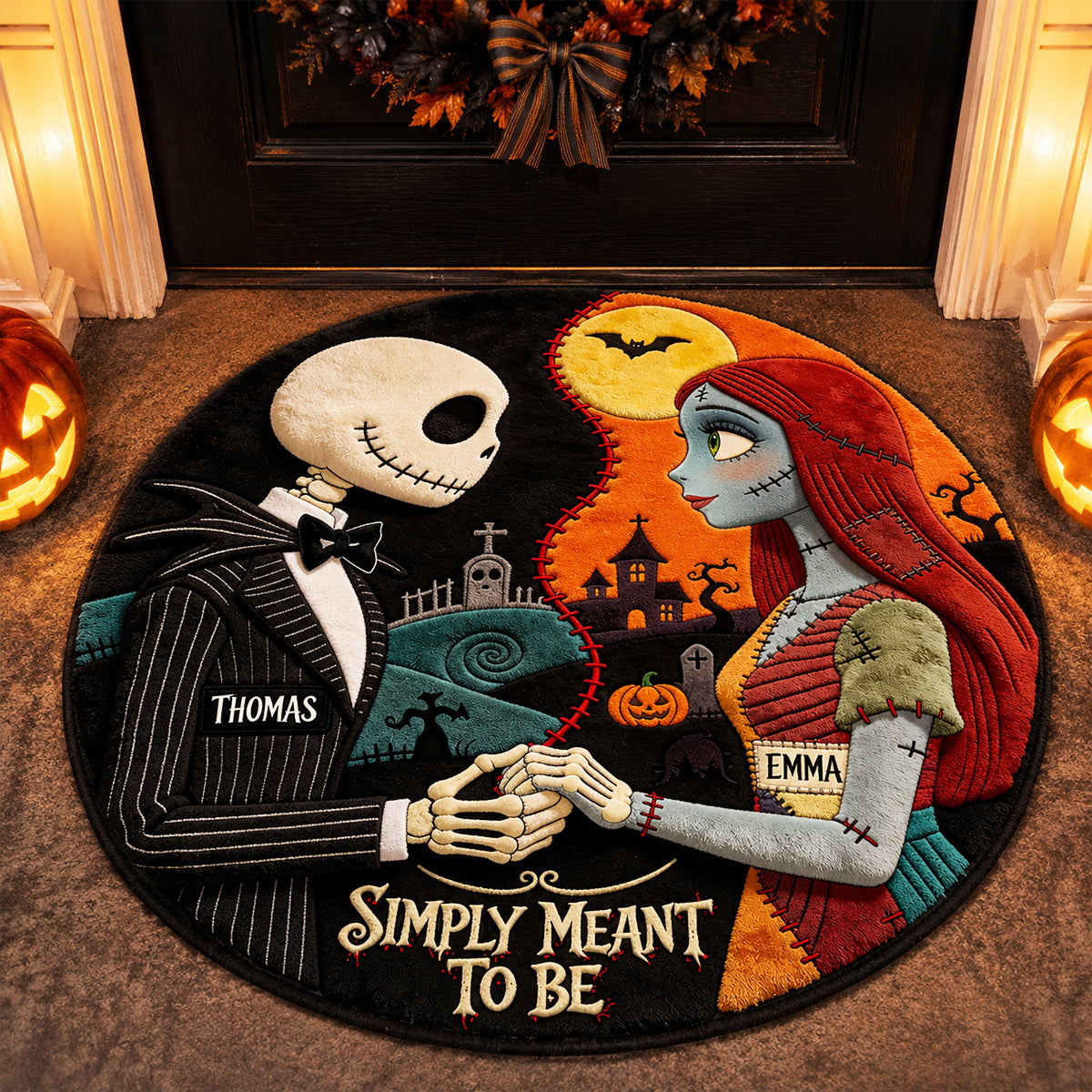 “Embrace the Spooky Spirit!” - Spooky Couple Round Mat - Personalized Halloween Gift for Couples, Friends, and Family Doormat PopCulturePrints