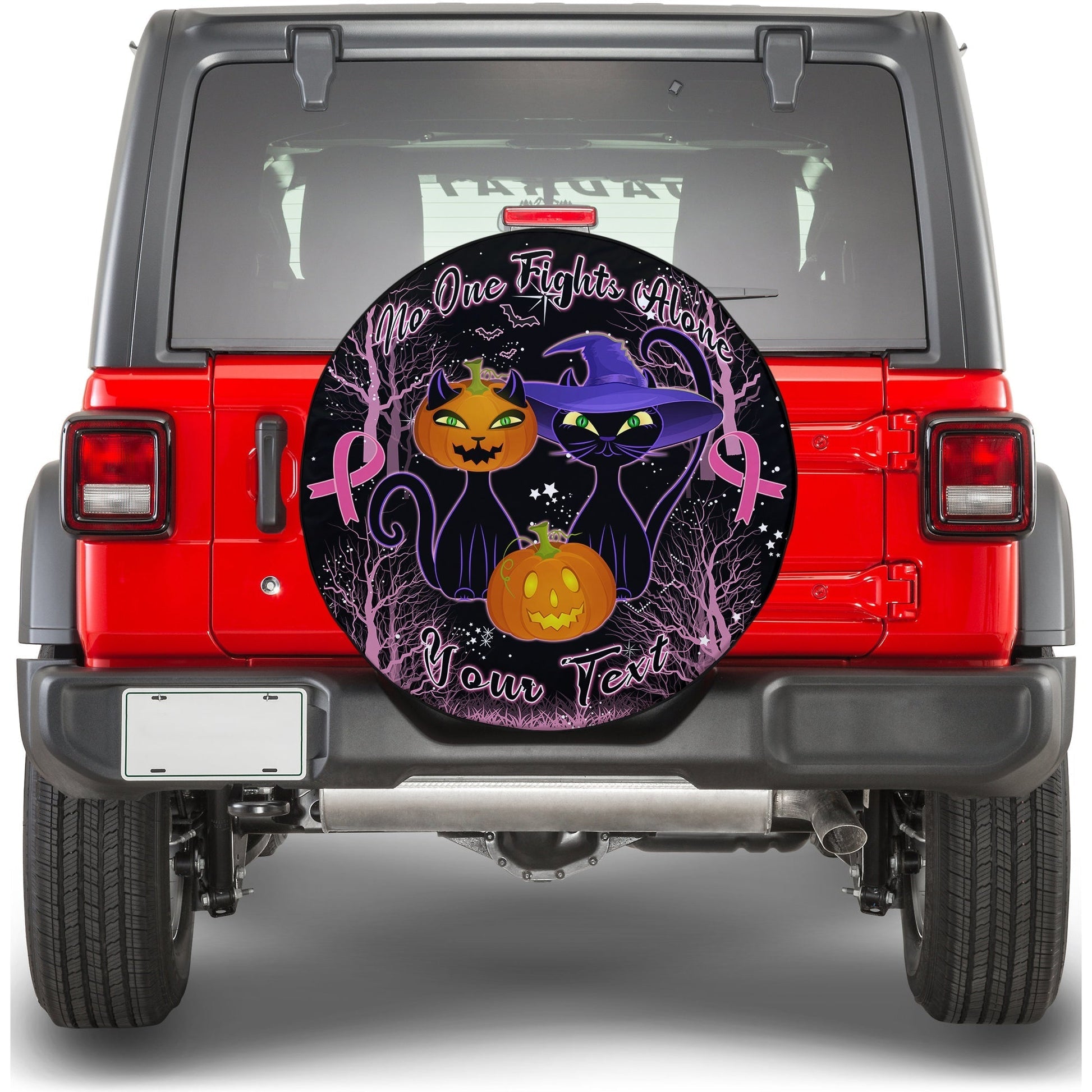 custom-personalised-breast-cancer-spare-tire-cover-no-one-fights-alone-black-cat-halloween-in-dark-forest