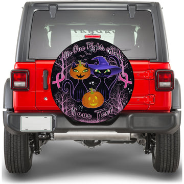 custom-personalised-breast-cancer-spare-tire-cover-no-one-fights-alone-black-cat-halloween-in-dark-forest