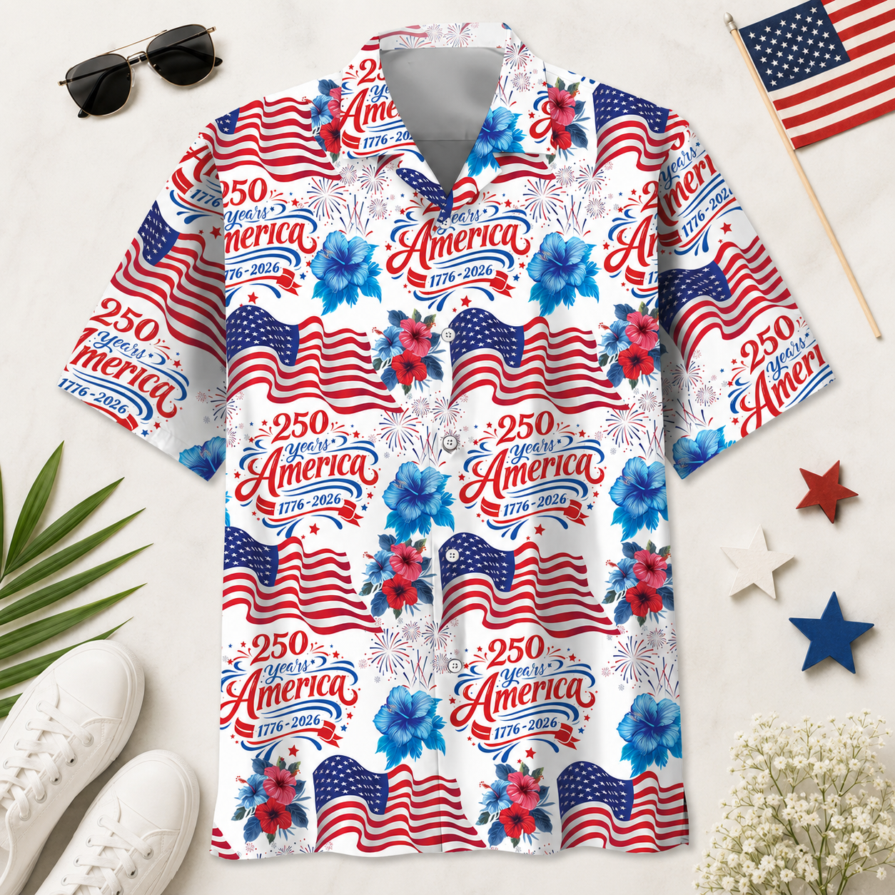 250 Years America With Flag Hibiscus - Hawaiian Shirt - Gift for Patriots - image 4