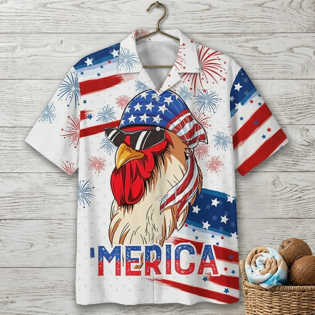 Merica Rooster American Flag Patriotic USA Chicken - Personalized Hawaiian Shirt - Gift For Farmer, Patriots - image 2