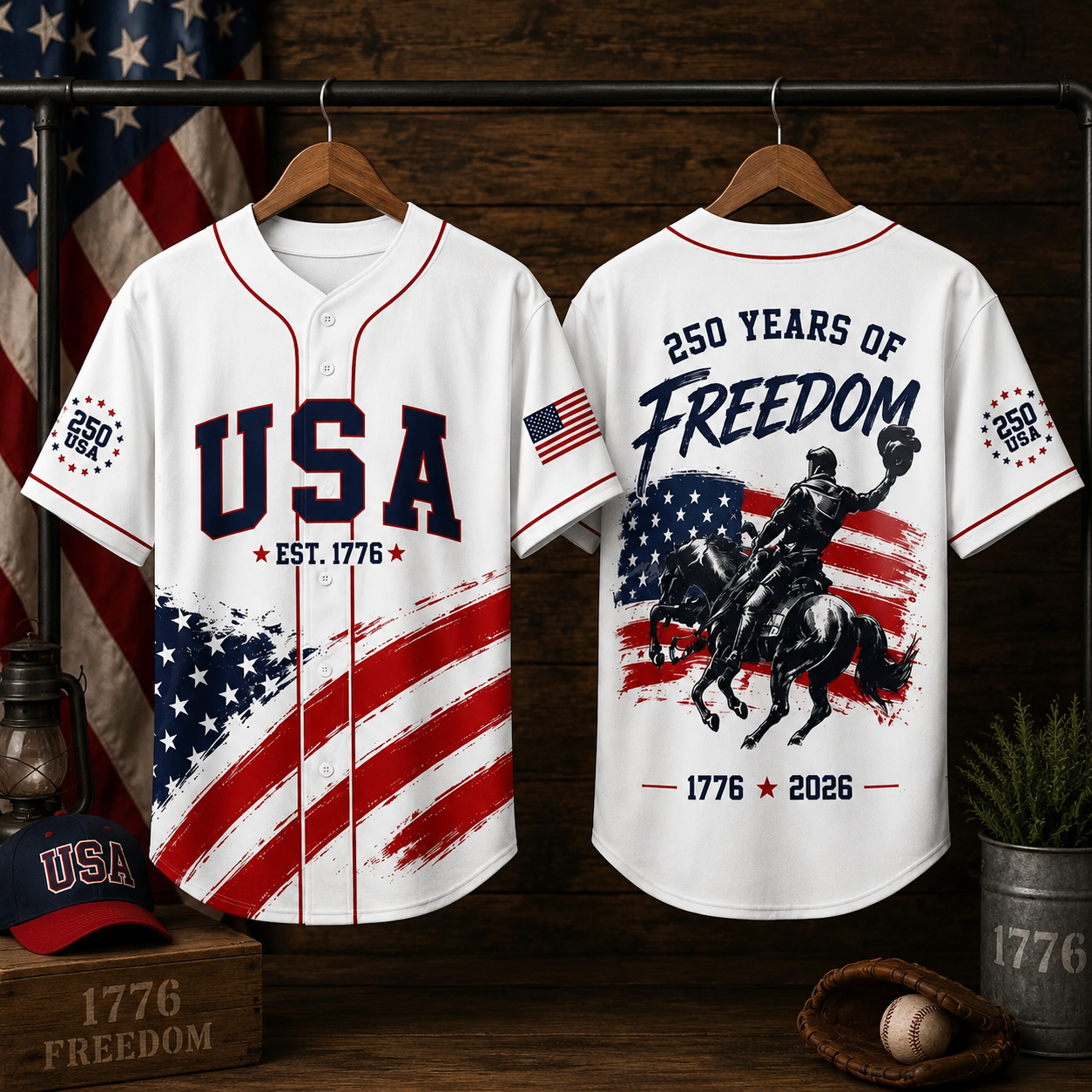 USA 250 Years of Freedom Red White Blue Cowboy - Baseball Jersey - Gift For Patriots