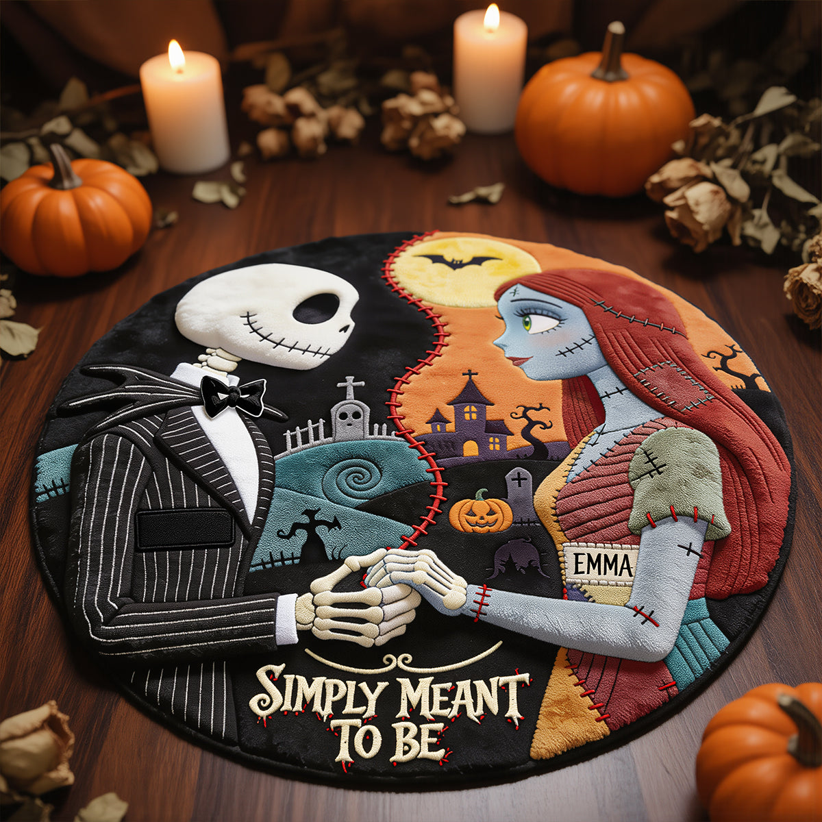 “Embrace the Spooky Spirit!” - Spooky Couple Round Mat - Personalized Halloween Gift for Couples, Friends, and Family Doormat PopCulturePrints