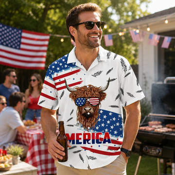 Funny 4th of July Patriotic Highland Cow Sunglasses American Flag - Personalized Hawaiian Shirt - Gift For Patriots - image 2