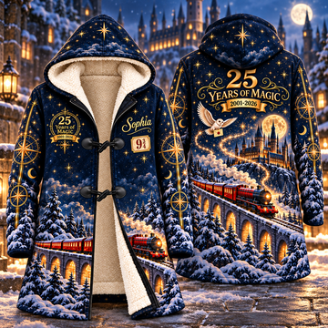 HaPo 25 Years of Magic – Hogwarts Castle & Express – Personalized AOP Hooded Cloak Coat – Anniversary Gift for Wizard Fans- DN2810262345