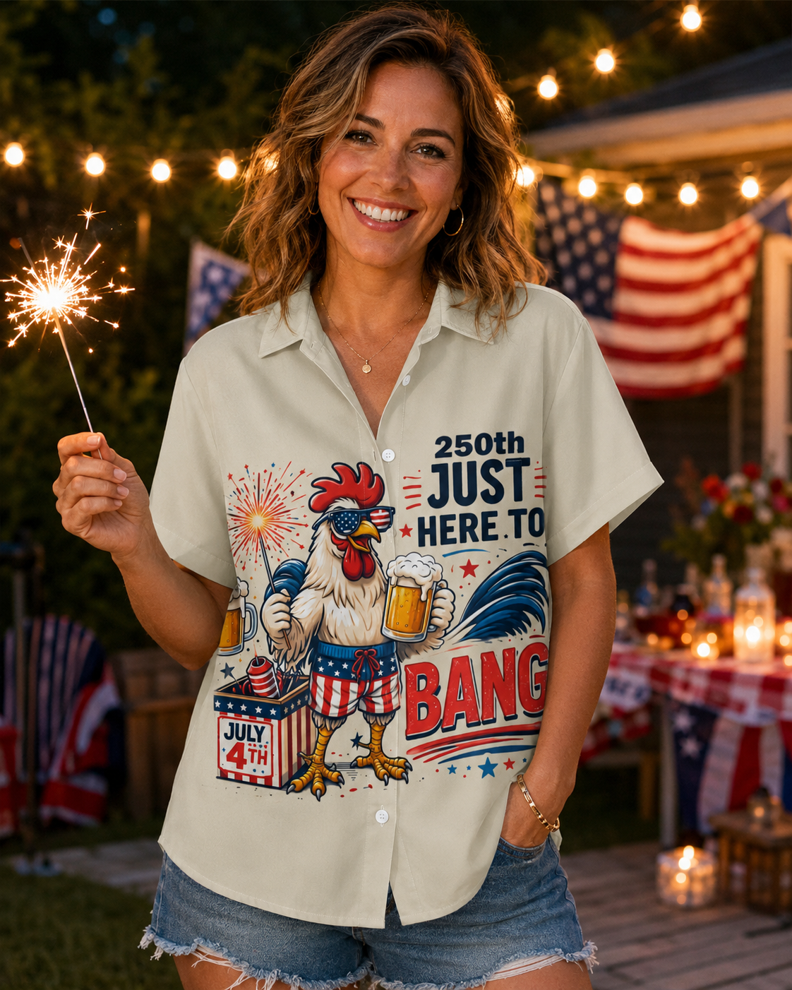 Funny 250th Anniversary Rooster Just Here To Bang Patriotic Chicken Beer - Personalized Hawaiian Shirt - Gift For Dad, Patriots