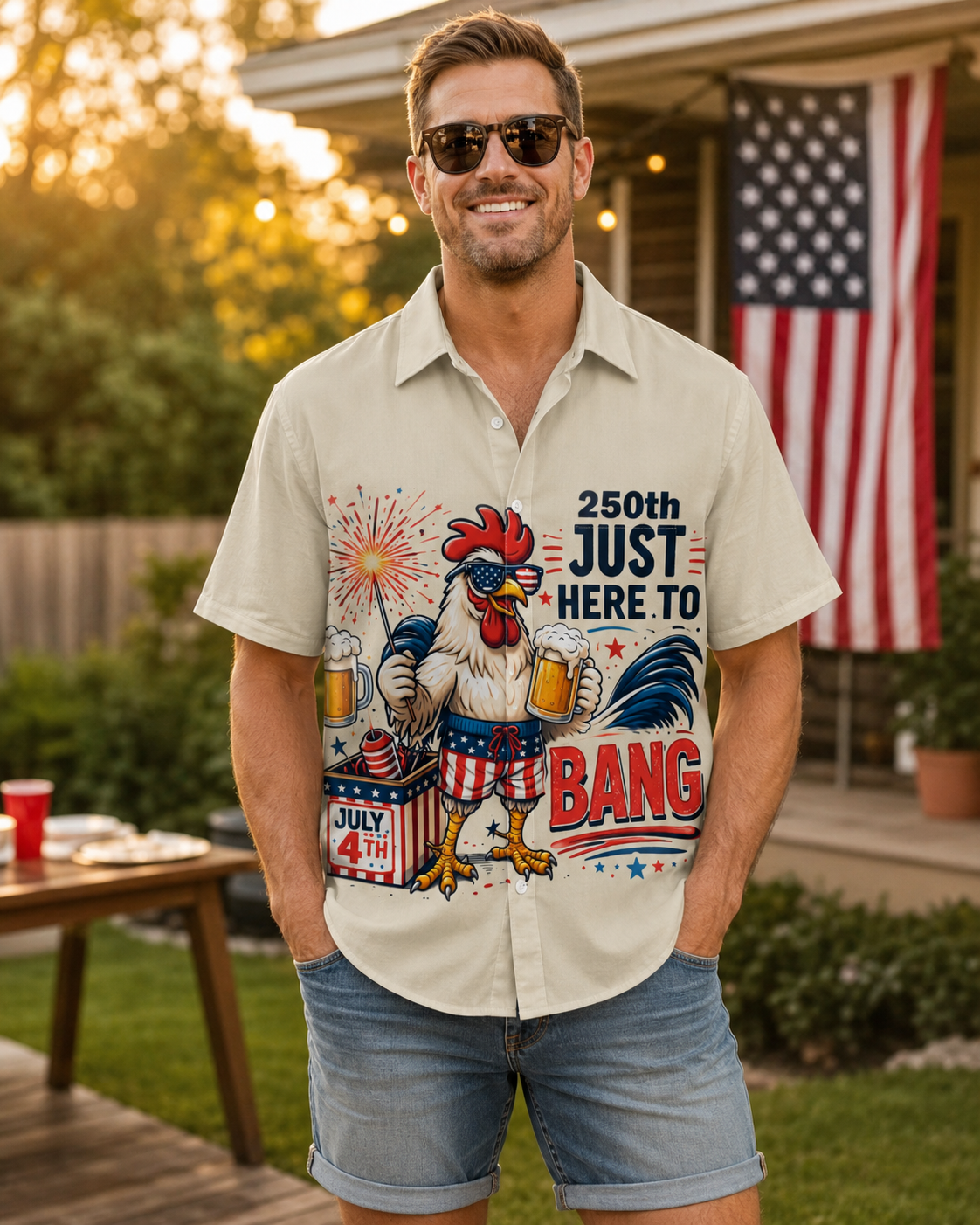 Funny 250th Anniversary Rooster Just Here To Bang Patriotic Chicken Beer - Personalized Hawaiian Shirt - Gift For Dad, Patriots