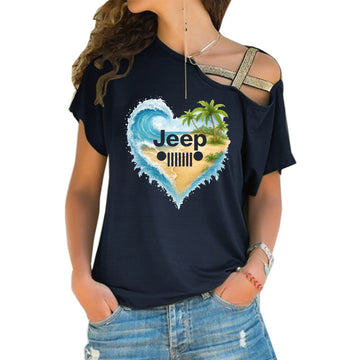 Jeep Girl Loves Beach Criss-Cross One Shoulder Shirt TN2407261055