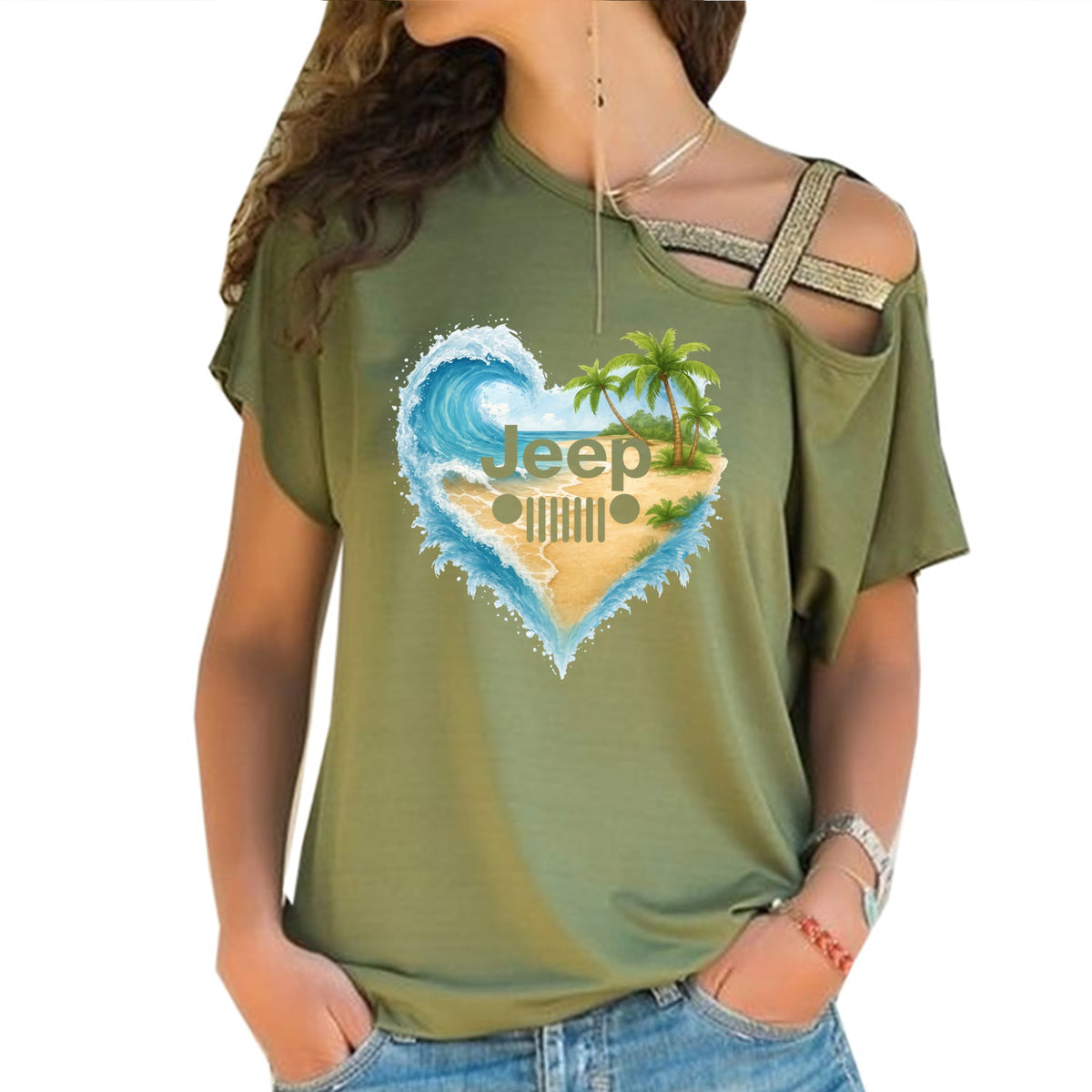 Jeep Girl Loves Beach Criss-Cross One Shoulder Shirt TN2407261055