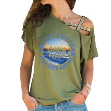 Just A Girl Who Loves Jeeps and The Beach Criss-Cross One Shoulder Shirt TN2407261056