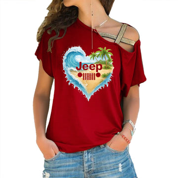 Jeep Girl Loves Beach Criss-Cross One Shoulder Shirt TN2407261055