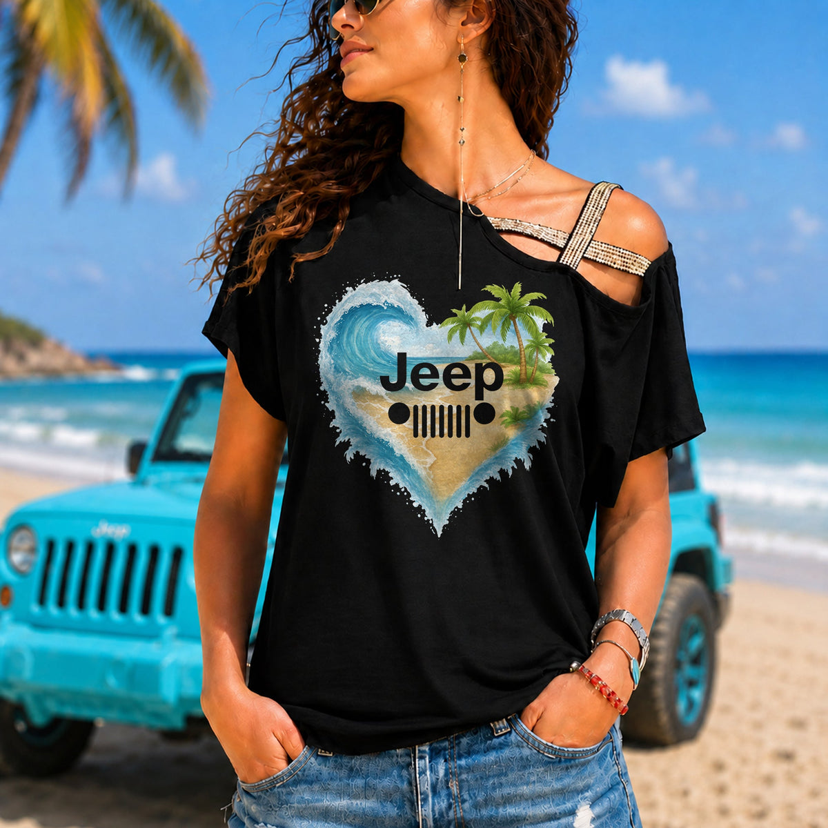 Jeep Girl Loves Beach Criss-Cross One Shoulder Shirt TN2407261055