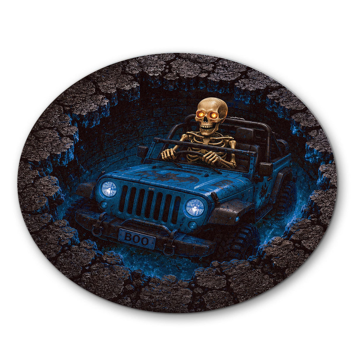 Jeep Skeleton 3D Illusion Stone Well Round Rug-DN2808261041