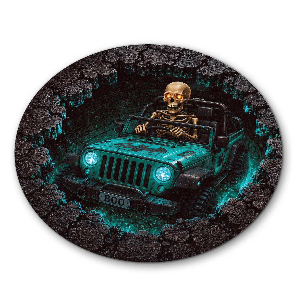 Jeep Skeleton 3D Illusion Stone Well Round Rug-DN2808261041